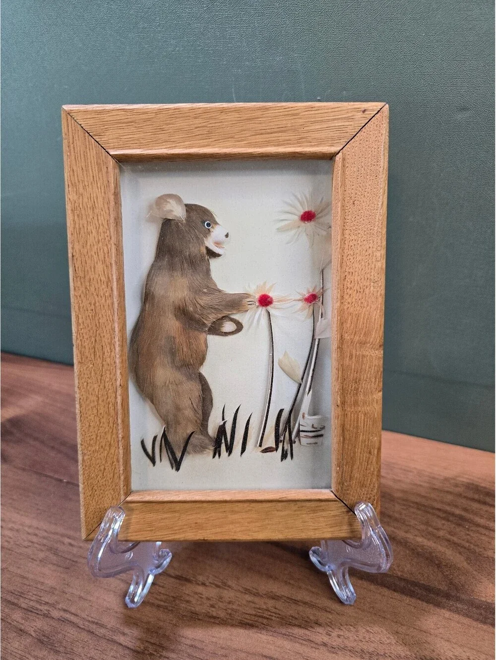Vintage Feather Art Framed Bear Whimsical Shadow Box 5x7 Woodland Decor